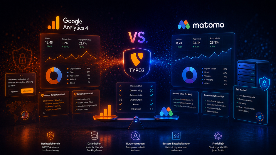 Google Analytics 4 vs. Matomo in TYPO3: Setup, Datenschutz und Praxisvergleich